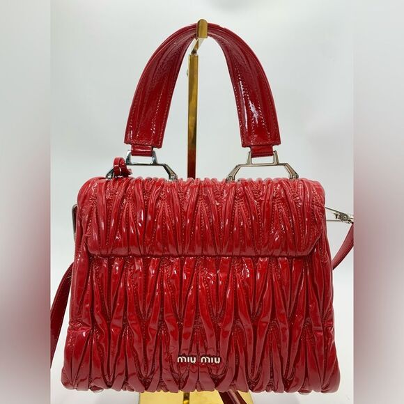 Auth Miu Miu Red Matelasse Enamel Leather 2way Madras Top Handle Handbag - Picture 14 of 16